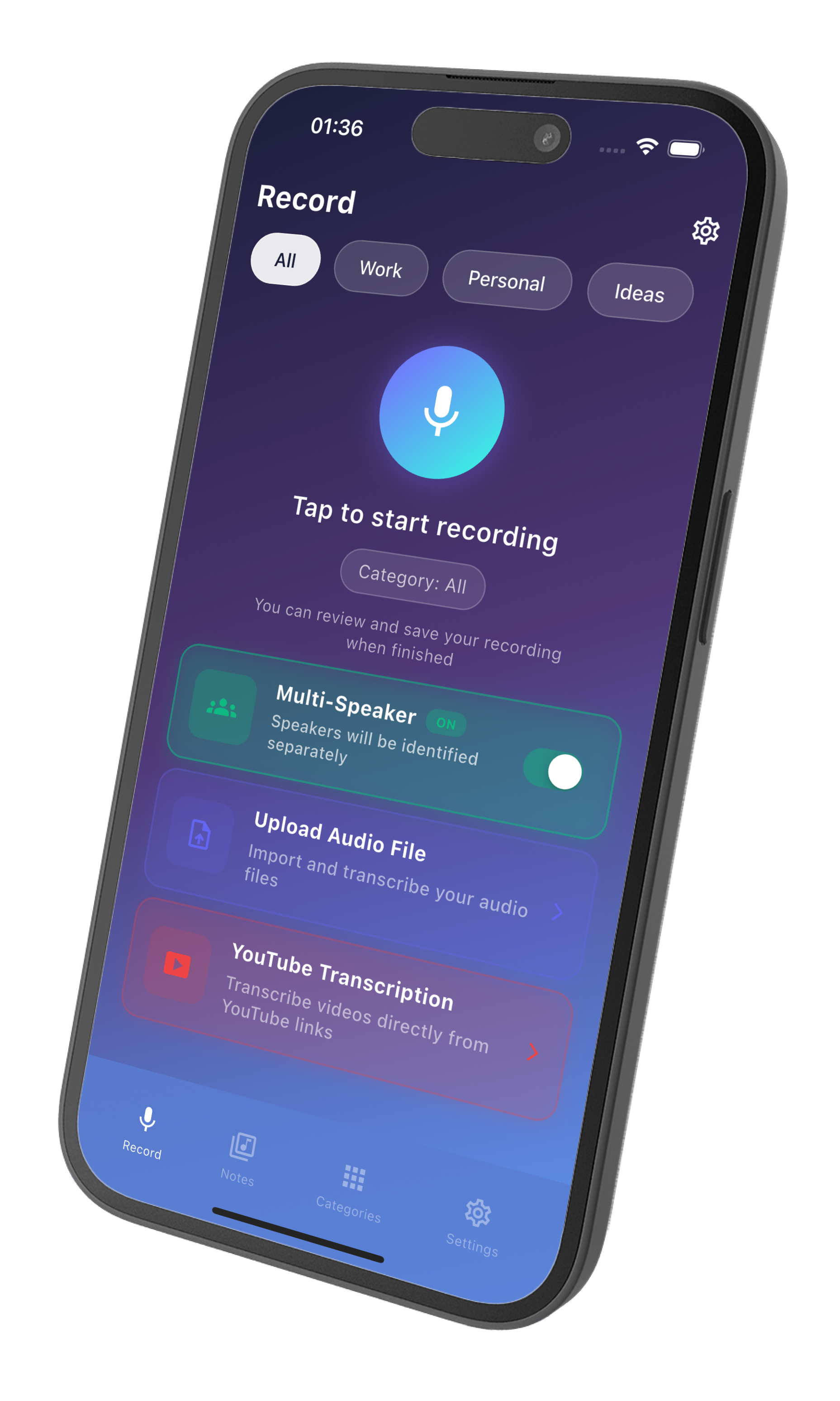 VoiceScribe app showing recording interface with multi-speaker detection, audio file upload, and YouTube transcription features